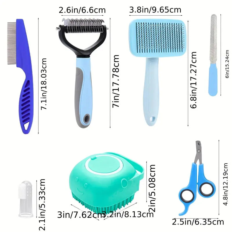 Pet Grooming Kit, 8Pcs/Set Pet Grooming Brush Set, Including Pet Nail Clipper & Scissors & Shampoo Brush & Hair Removal Brush & Silicone Toothbrush, Dog & Cat Grooming Supplies