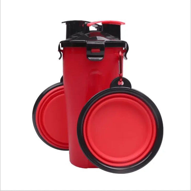 2 in 1 Travel Dog Food & Water Bottle with Two Collapsible Bowls