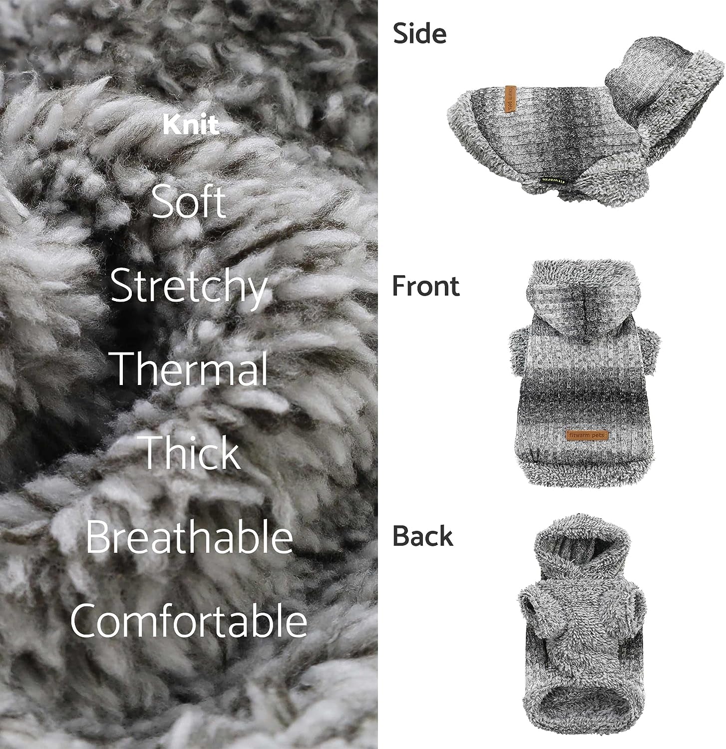 Fuzzy Dog Sweater, Knitted Winter Dog Clothes for Small Dogs Boy Girl, Pet Cat Hooded Outfit, Heather Grey, Black, Medium