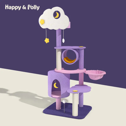 59Inches Multi-Color Purple Cat Tree, Cat Tower with Multi-Level Platforms, Hammock, Bed, Tunnel and Hanging Moon and Stars