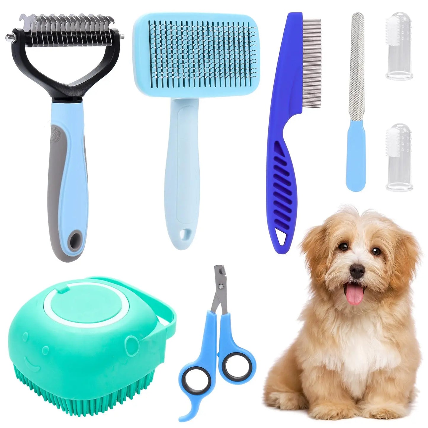 Pet Grooming Kit, 8Pcs/Set Pet Grooming Brush Set, Including Pet Nail Clipper & Scissors & Shampoo Brush & Hair Removal Brush & Silicone Toothbrush, Dog & Cat Grooming Supplies