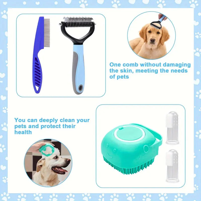 Pet Grooming Kit, 8Pcs/Set Pet Grooming Brush Set, Including Pet Nail Clipper & Scissors & Shampoo Brush & Hair Removal Brush & Silicone Toothbrush, Dog & Cat Grooming Supplies