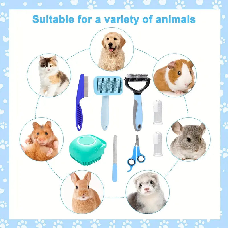 Pet Grooming Kit, 8Pcs/Set Pet Grooming Brush Set, Including Pet Nail Clipper & Scissors & Shampoo Brush & Hair Removal Brush & Silicone Toothbrush, Dog & Cat Grooming Supplies